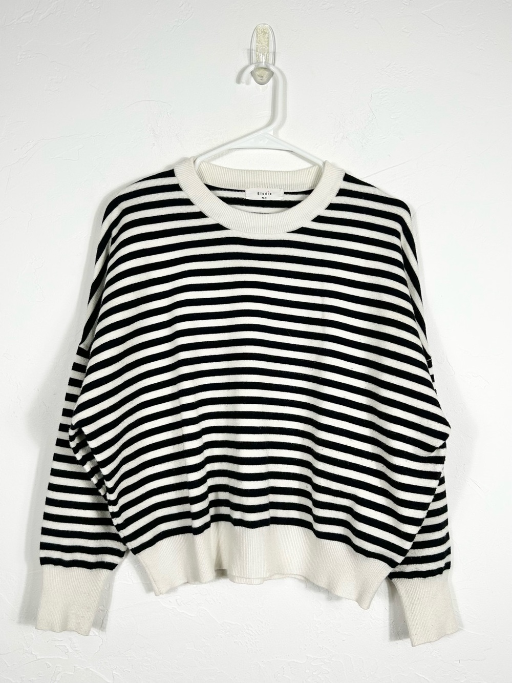 Elodie Black White Striped Crewneck Knit Sweater Drop Shoulder Size Small